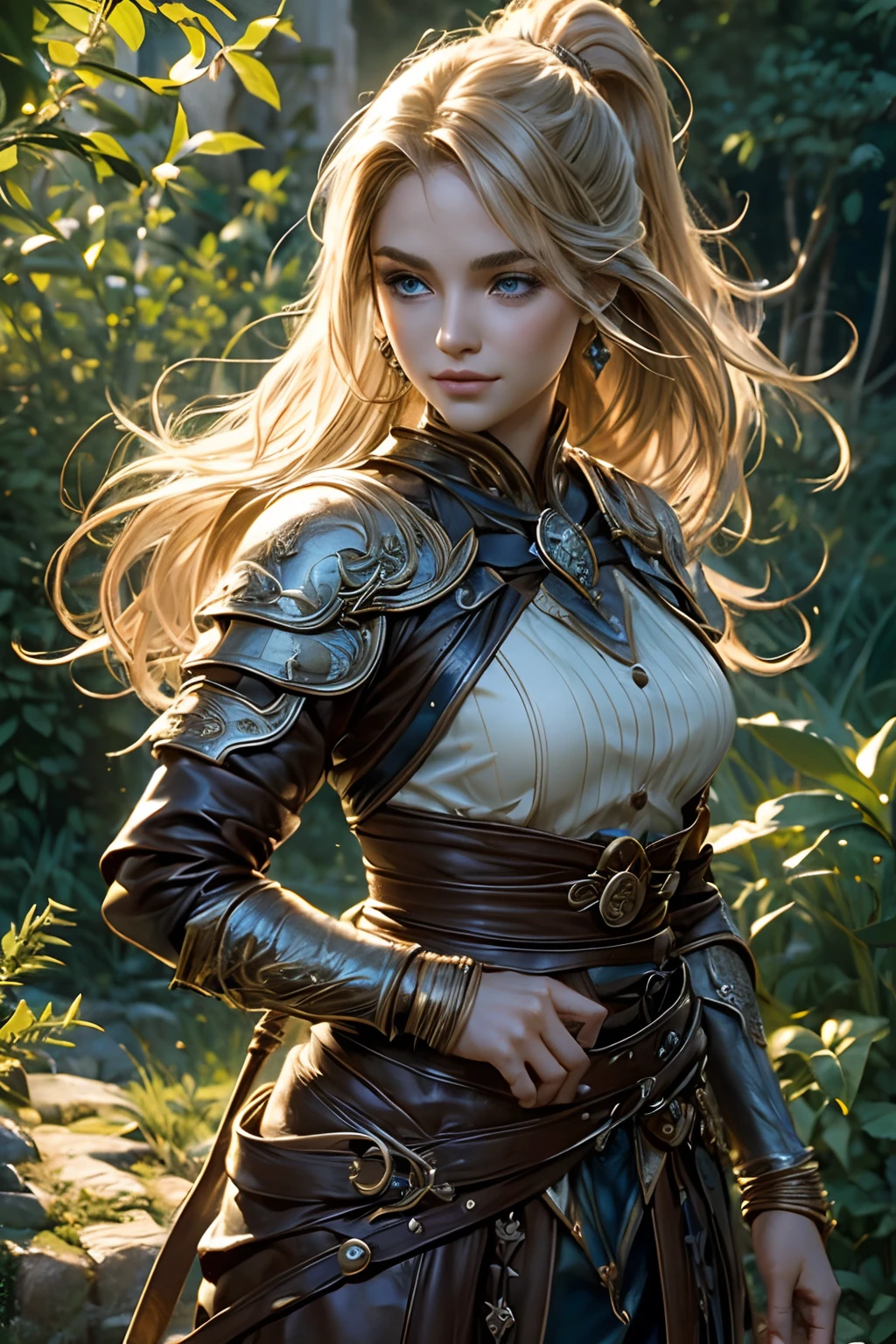 "(Best Quality,hight resolution,Masterpiece:1.2),beautiful detailed blue eyes,Stunning blonde with long hair, tail, Hair gathered in a ponytail,Girl with a charming smile, Clothes made of tanned leather, briefs, leather armour, soft natural lighting,Flower garden background,bright colours,Fine Brush Stroke Technique,Accentuate the girl's joyful expression,A gentle breeze gently rustles her hair,Meticulous attention to facial features and hair strands,Realistic skin tones and textures, A keen eye, Battle Maiden, Figure Warfare, athletic build, musculature, long leges, Long Range