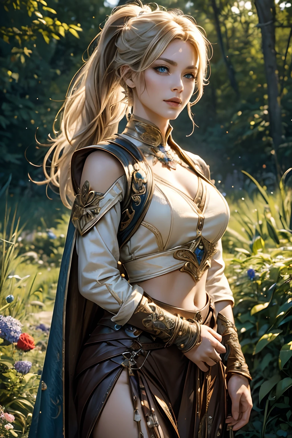 "(Best Quality,hight resolution,Masterpiece:1.2),beautiful detailed blue eyes,Stunning blonde with long hair, Tail, Hair gathered in a ponytail,Girl with a charming smile, Clothes made of tanned leather, briefs, leather armour, soft natural lighting,Flower garden background,bright colours,Fine Brush Stroke Technique,Accentuate the girl's joyful expression,A gentle breeze gently rustles her hair,Meticulous attention to facial features and hair strands,Realistic skin tones and textures, A keen eye, Battle Maiden, Figure Warfare, athletic build, musculature, long leges, Long Range