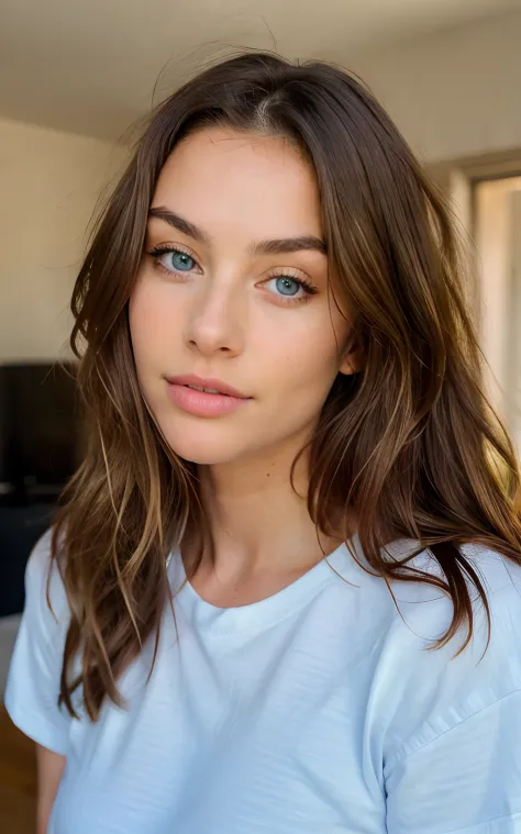 Beautiful brunette with blonde highlights wearing a t-shirt (in home), highly detailed, 22 years old, , boobs, innocent face, natural wavy hair, blue eyes, high resolution, Masterpiece, Best quality, Intricate high detail, Highly detailed, Sharp focus, Det...