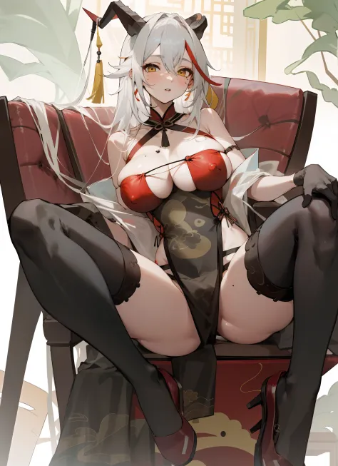 GDAAC, ChineseDressAegir, 1girl, solo, sitting, looking at viewer, spread legs,, shoe dangle, covered nipples, parted lips, chair, mole on breast, white hair, yellow eyes, I can't see the brushes