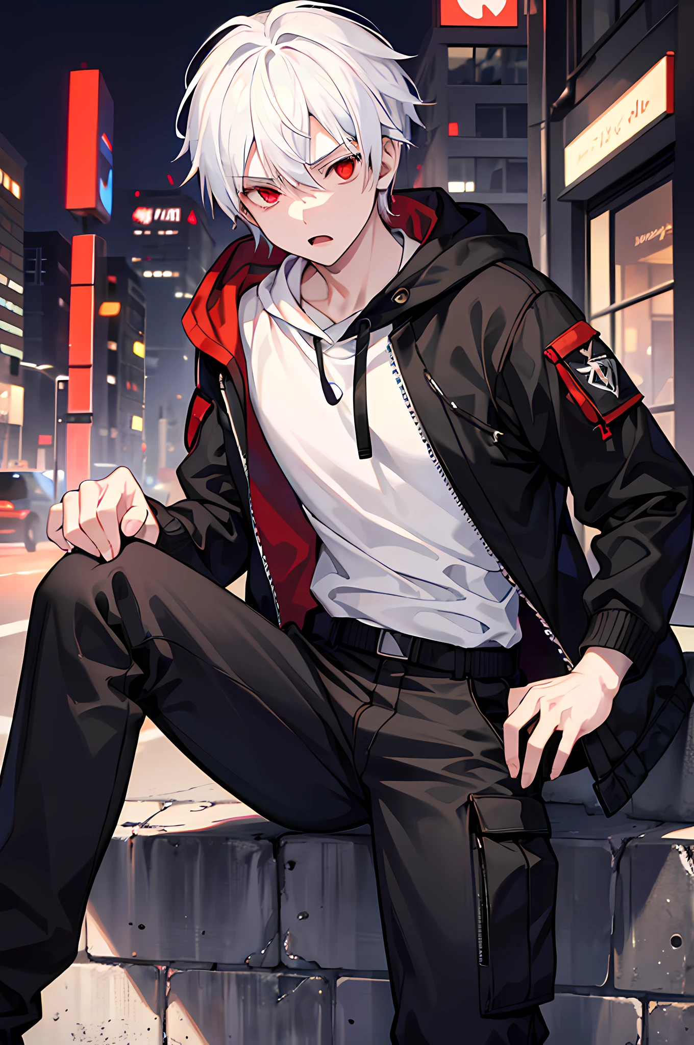 1boy, white hair, red eyes, wearing black hoodie, black cargo pants ...