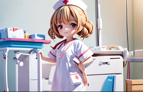 A kids girl in a nurse costume, nurse hat, The nurse is examining the patient or someone，cute, big eyes, Hospital scene，The scene have some nurse items on the table like needle, ear piece, etc，no adult, Rejoice，Perfect quality，Clear focus（Clutter - hospita...