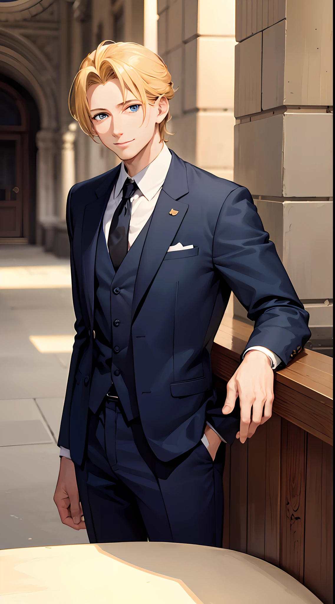 40 Year Old, anime guy, wearing tuxedo suit, light golden blonde hair ...