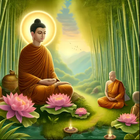 buddha sitting in meditation surrounded by flowers and trees, buddhism ...