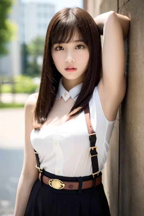 ​masterpiece、flat-colors、depth of fields、lens flare 1 girl、、Brown hair、watching at viewers　　　　a belt　black suspenders　　　Puffy breasts　　　 　 Armpit sweat　perspiring　Side of both hands　　walls: 　Black pants, 　Gaze　　　Small face　Bangs Upper Eyes　Aside Cutter Shi...