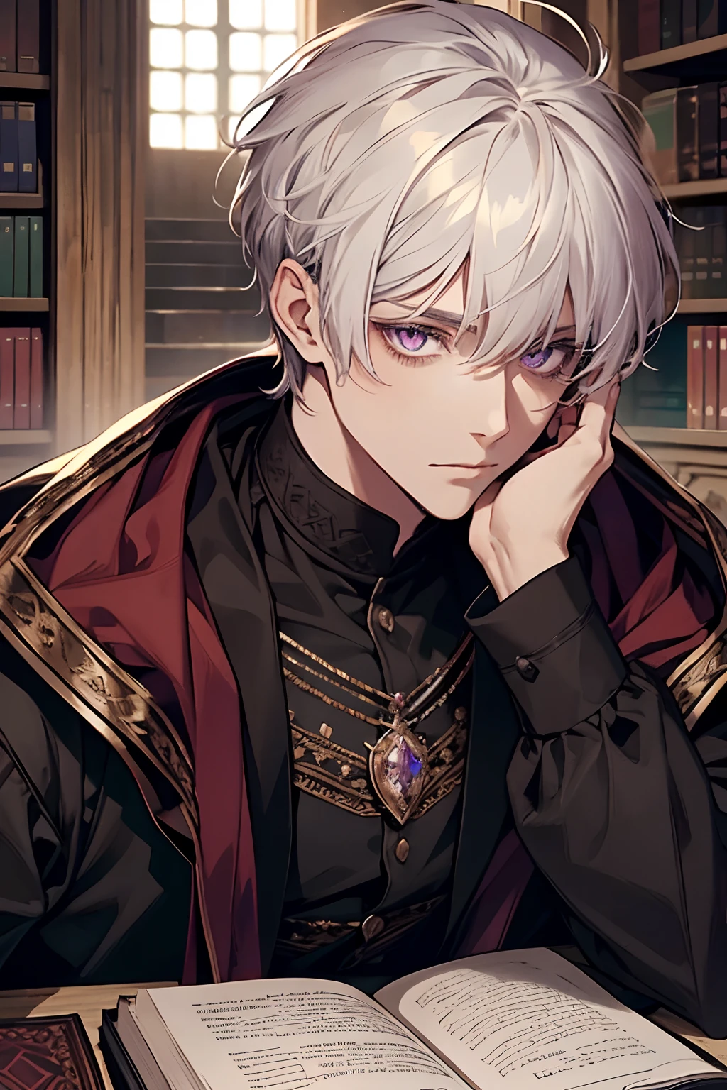 1male, calm, adult, mature face, short messy with bangs, white hair, amethyst colored eyes, royalty, prince, wears black clothing, in a castle, adult face, medieval times, close up, books on a table