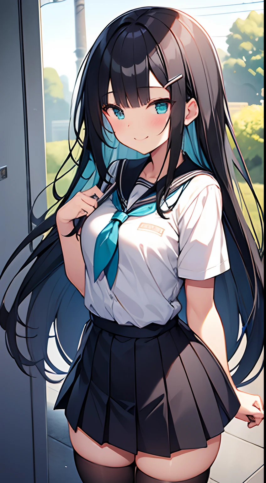 Chica anime con cabello largo y negro y ojos azules en uniforme escolar. -  SeaArt AI