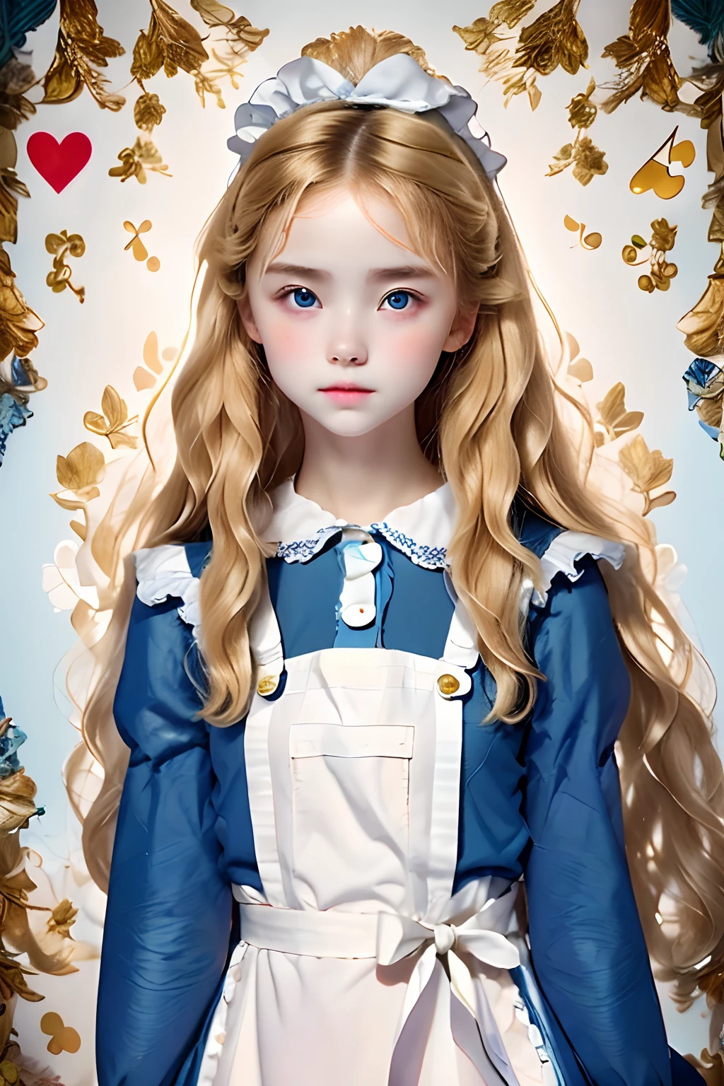 best quality, ultra highres, photoreaslistic, a photography of a cute girl, detailed face, (PureErosFace_V1:0.008), Alice in Wonderland, 13yo, blonde wavy hair, white apron, blue dress, playing card pattern background, no make-up