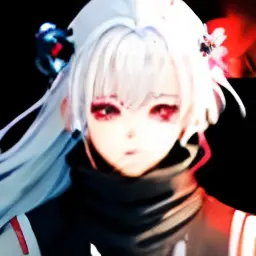 Make an anime girl with white hair and vibrant red eyes