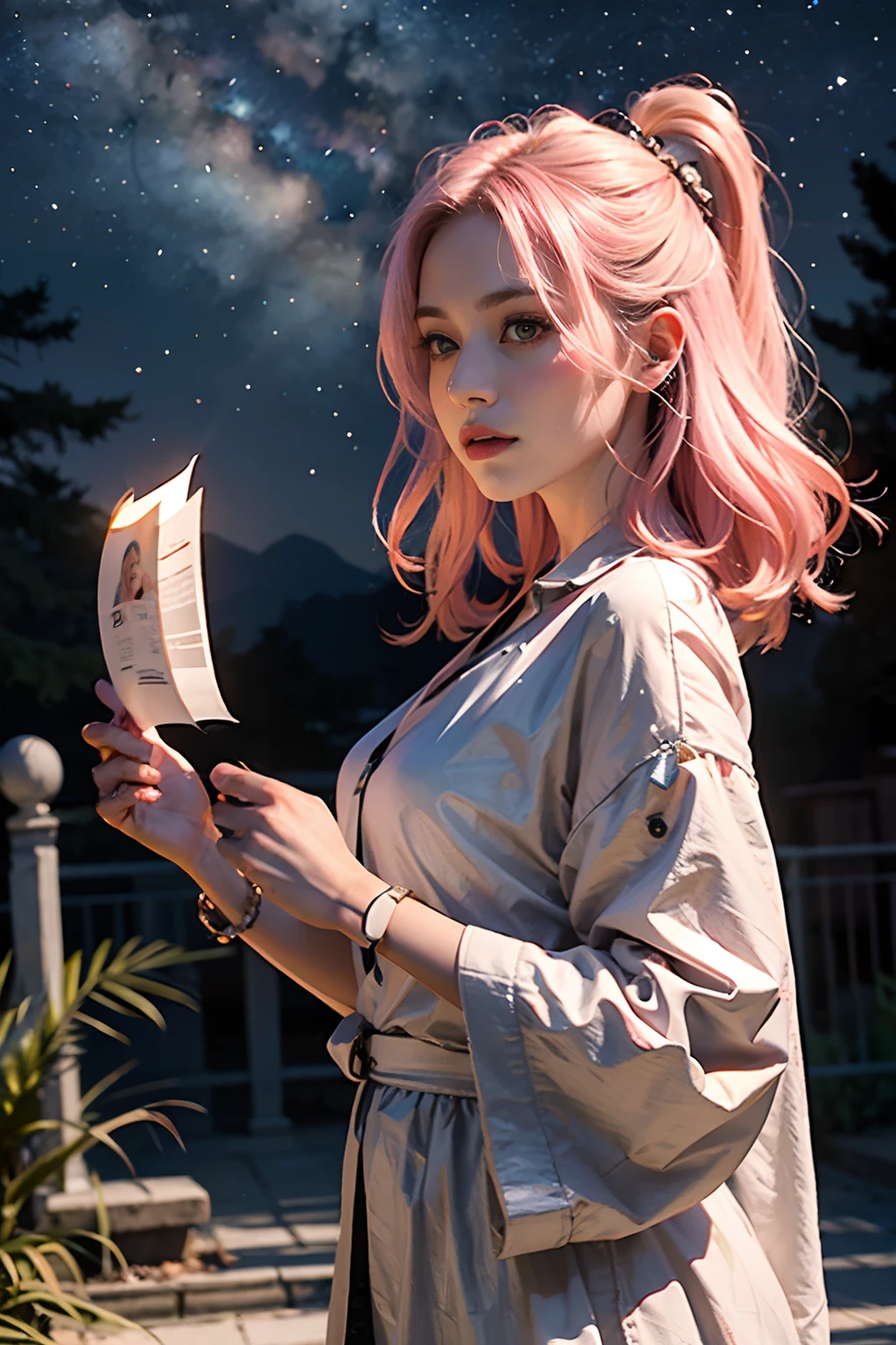 1 mulher bonita，Long pale pink hair，long flowing hair，Starry sky outdoors，Meteoros，（Fotos RAW，melhor qualidade），（realista，fotografia realista：1.3），melhor qualidade，altamente detalhado，tmasterpiece，Hiperdetalhamento，illustratio，a parte superior do corpo，dinamic angle，Obra-prima Teatro do Mundo，Messy_Longas_Hair，melhor qualidade，unidade CG extremamente detalhada，Papel de parede 8k，tinta，estarrecedor，cinmatic lighting，Reflexo da lente，，Estilo Dunhuang