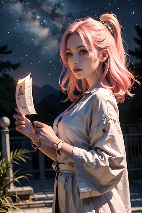 1 mulher bonita，Long pale pink hair，long flowing hair，Starry sky outdoors，Meteoros，（Fotos RAW，melhor qualidade），（realista，fotogr...