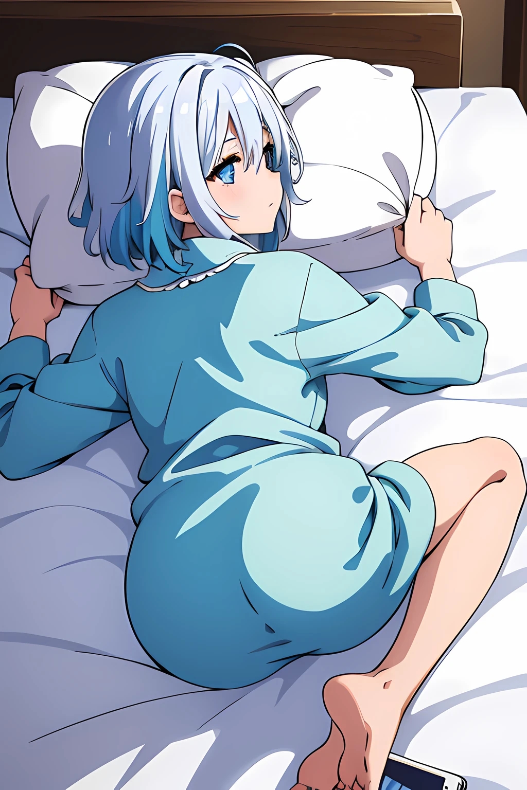 Anime girl laying in bed with remote control in hand - SeaArt AI