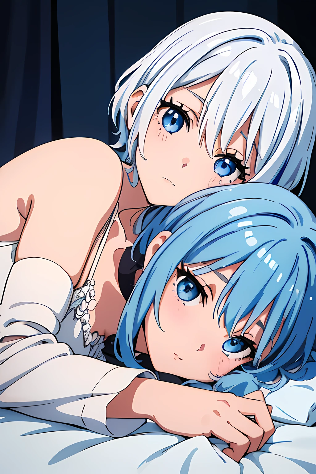 Anime characters laying on a bed with blue hair - SeaArt AI