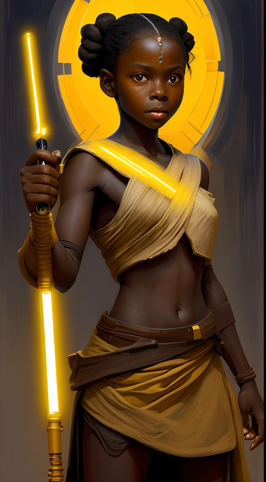 star wars jedi girl holding yellow torx light saber, in the style of impressionist colorism, childhood arcadias, art of the ivory coast, mashup of styles, subtle realism, strong contrast between light and dark, inventive character designs