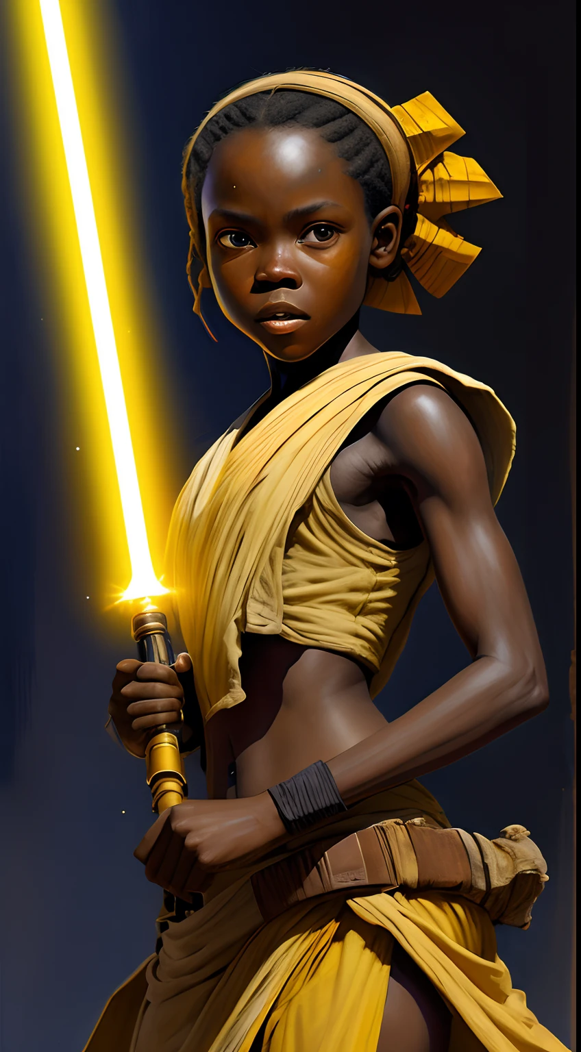 Star Wars Jedi Girl tenant un sabre laser Torx jaune, dans le style du colorisme impressionniste, arcadies de l&#39;enfance, art de la côte d&#39;ivoire, mélange de styles, réalisme subtil, Fort contraste entre la lumière et l&#39;obscurité, Conception de personnages inventifs