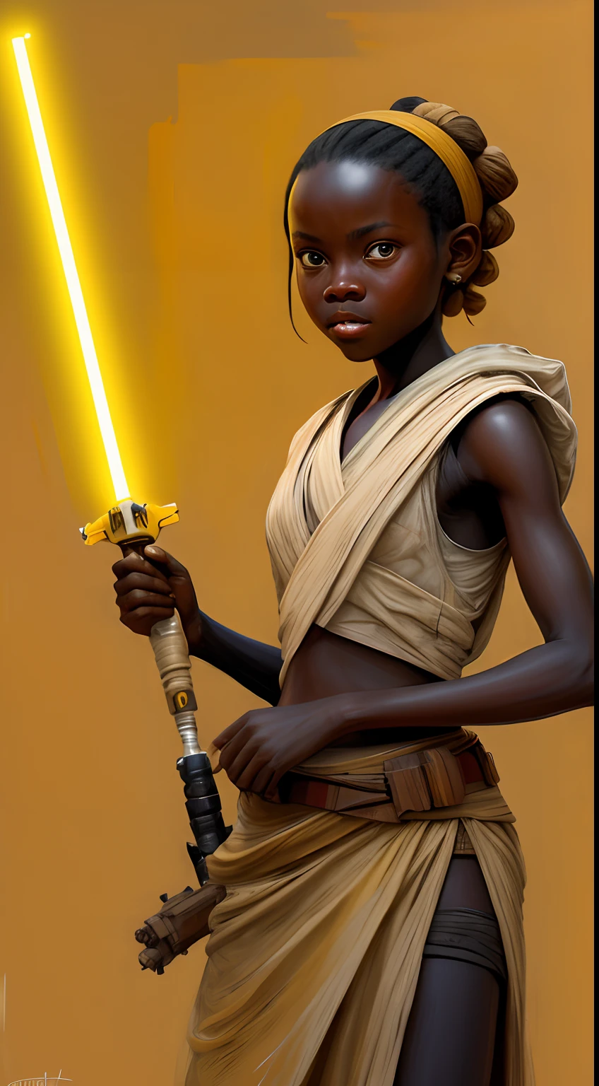 Chica jedi de Star Wars con sable de luz torx amarillo, al estilo del colorismo impresionista, arcadias infantiles, arte de la costa de marfil, Mezcla de estilos, realismo sutil, Fuerte contraste entre luz y oscuridad., Diseños de personajes inventivos