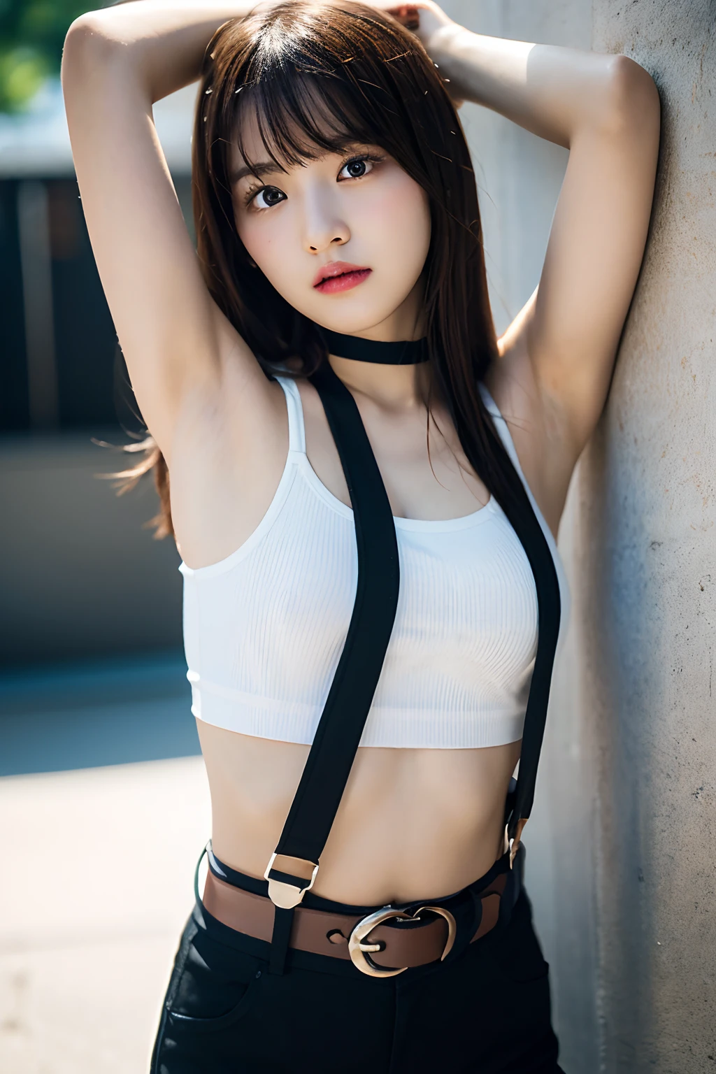 ​masterpiece、flat-colors、depth of fields、lens flare 1 girl、、Brown hair、watching at viewers　　　　a belt　black suspenders　　　Puffy breasts　　　 　 Armpit sweat　perspiring　Side of both hands　　walls: 　Black pants, 　Gaze　　　Small face　Bangs Upper Eyes　flank