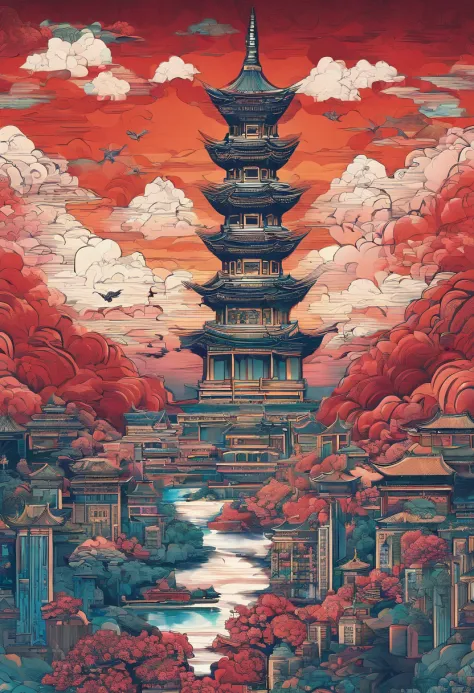 Chinese paintings， Contemporary Chinese Background， (shanghai, China，Man in a cat mask)，Urban skyscrapers，Auspicious clouds，View of the Bund，rays of sunshine，Psychedelic color scheme，hyper detailed illustration，Light red and sky blue，Imaginary landscape，ps...