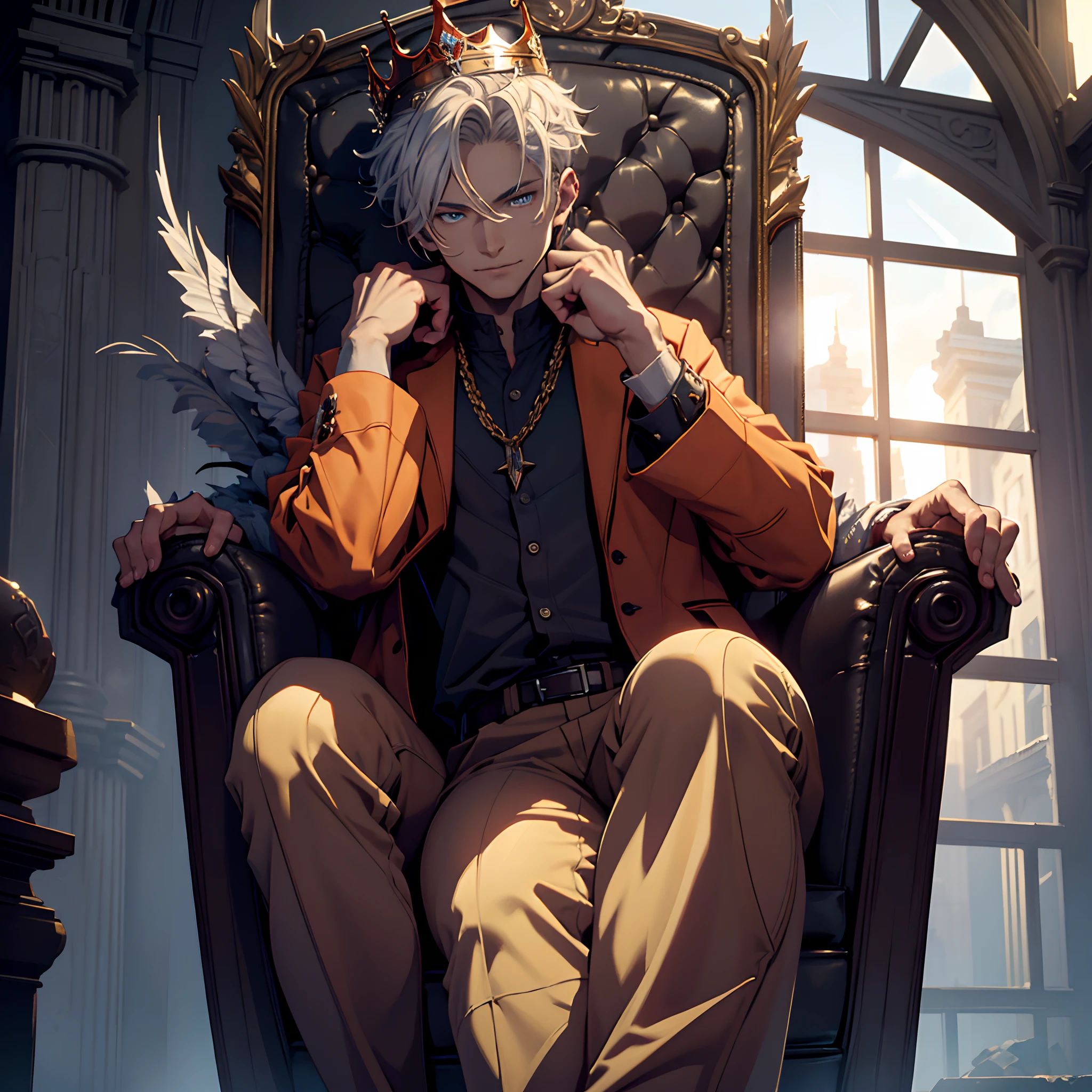 (best quality, ultra-detailed, realistic), blue-eyed young man with short white hair, confidently holding a crown in his hand, exuding a sense of badassery, seated on a throne in a relaxed manner. He wears normal adventure clothing, conveying a hint of darkness in the atmosphere. The young man smiles with an ironic expression, as if he possesses a secret knowledge. The artwork showcases the high quality of a 4K or 8K masterpiece, with ultra-fine painting details and sharp focus. The colors used are vivid and the lighting highlights the intensity of the scene. The overall style is a fusion of fantasy and realism, capturing a dark and mysterious ambiance.