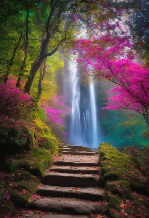 Photo taken from a distance on the path leading to the waterfall, blossoming path to heaven, Beautiful and mysterious, Beautiful fece, Beautiful images ever created, magical landscape, Glowing swirling mist, Truly beautiful nature, magical colors and atmos...