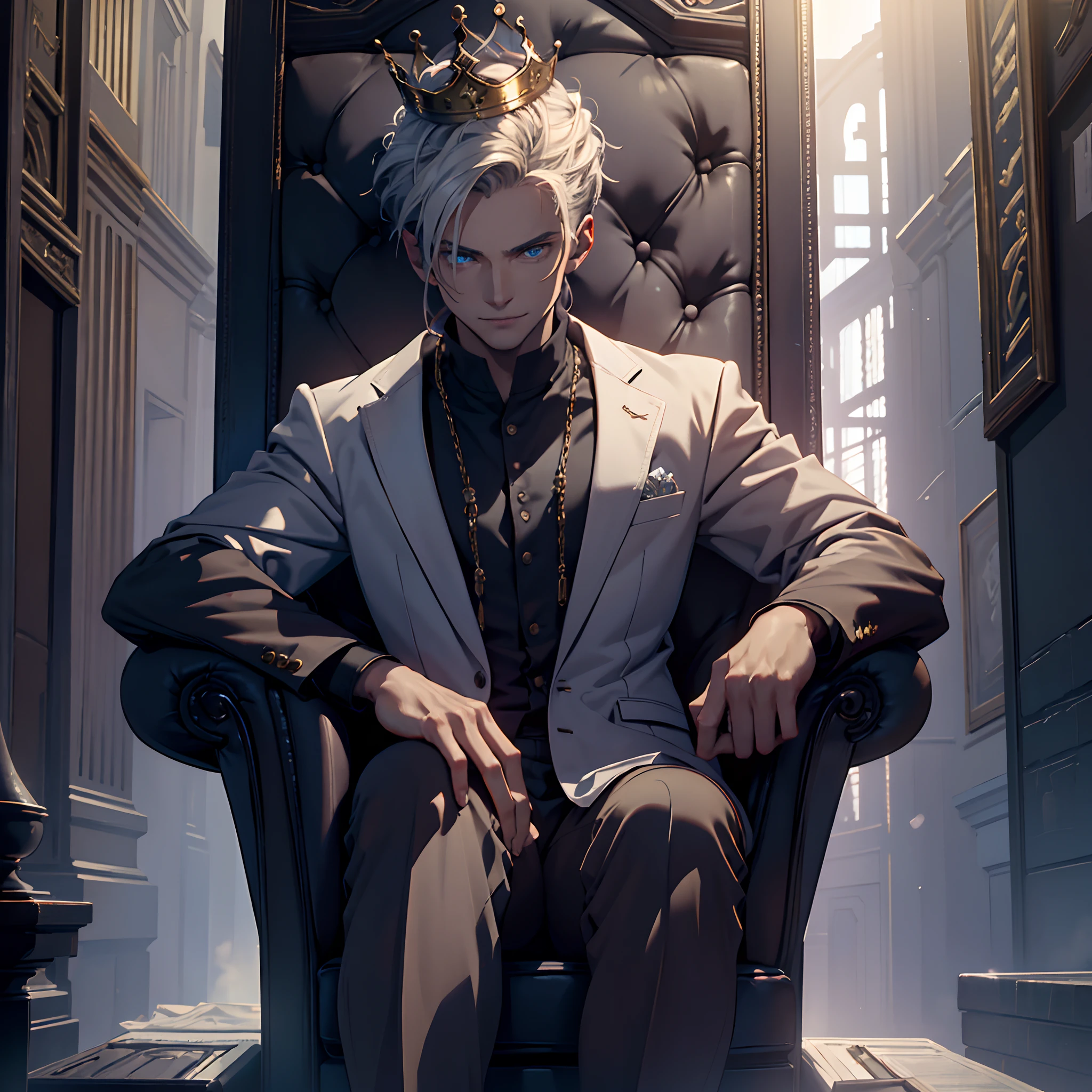 (best quality, ultra-detailed, realistic), blue-eyed young man with short white hair, confidently holding a crown in his hand, exuding a sense of badassery, seated on a throne in a relaxed manner. He wears normal adventure clothing, conveying a hint of darkness in the atmosphere. The young man smiles with an ironic expression, as if he possesses a secret knowledge. The artwork showcases the high quality of a 4K or 8K masterpiece, with ultra-fine painting details and sharp focus. The colors used are vivid and the lighting highlights the intensity of the scene. The overall style is a fusion of fantasy and realism, capturing a dark and mysterious ambiance.