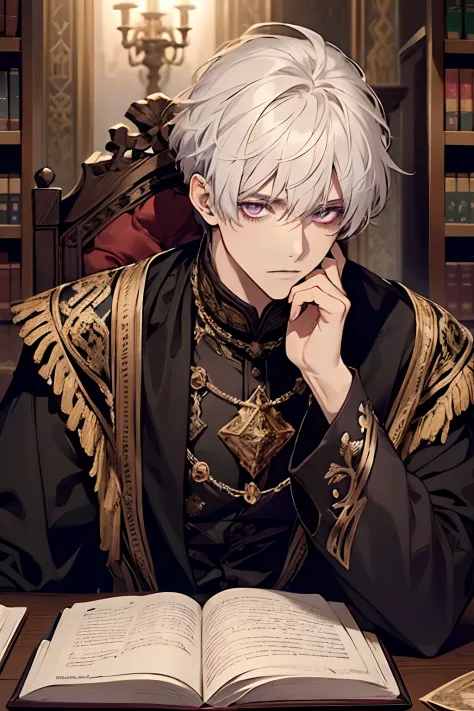 1male, calm, adult, handsome, short messy with bangs, white hair, amethyst colored eyes, royalty, prince, wears black clothing, ...