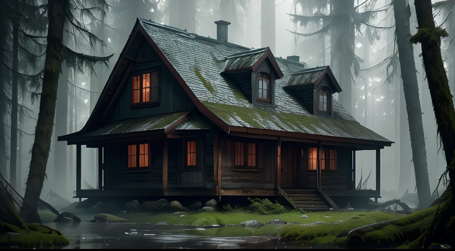 horror mood, dense forest, an old lakeside cabin, moss on the walls, gloomy night, realistic, abandoned, octane render, 8K, hyper realistic , poster style, hyper realistic acrylic painting, fibonacci, insane, intricate, highly detailed, digital painting, artstation, concept art, smooth, sharp focus, unreal engine 5