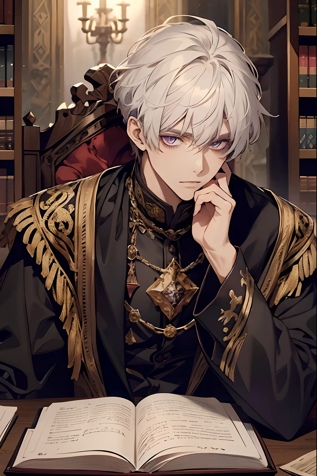 1male, calm, adult, handsome, short messy with bangs, white hair, amethyst colored eyes, royalty, prince, wears black clothing, in a castle, adult face, medieval times, close up, sitting at table with books, calm, detailed hair