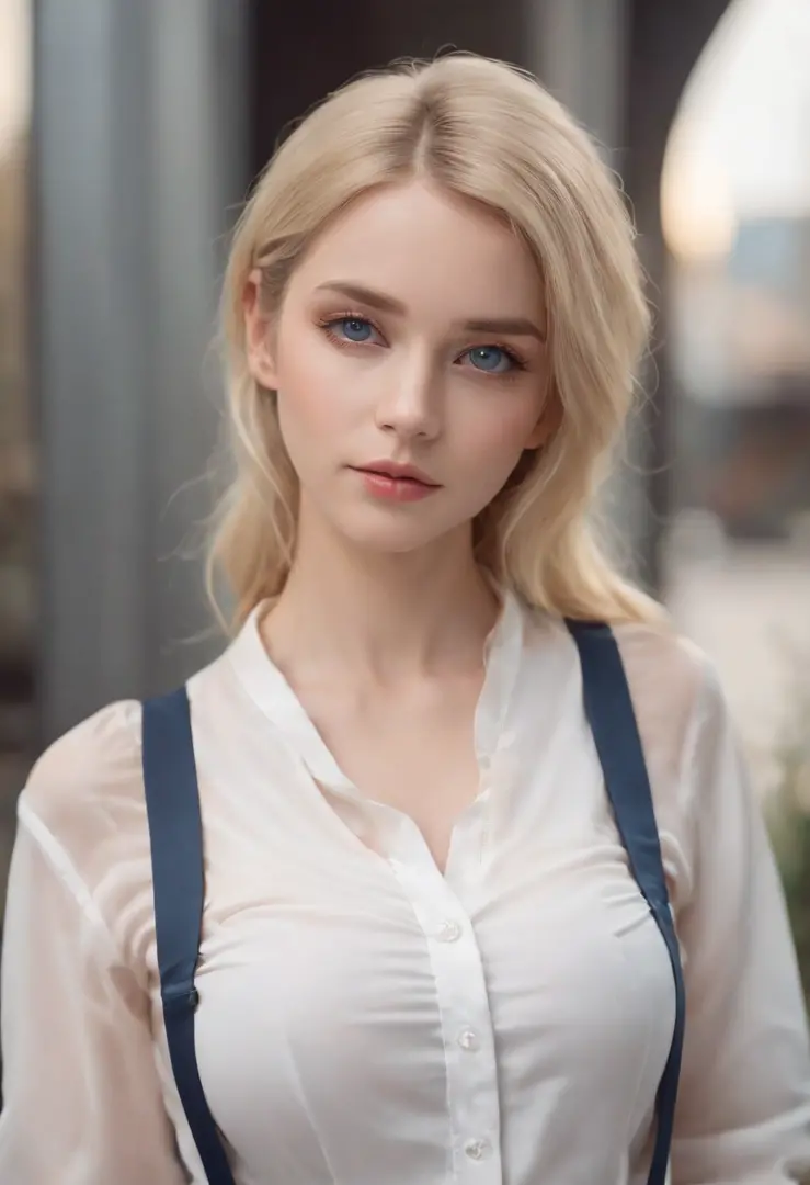 woman, Realistic character，coiffed blonde hair, White suspenders，Silk fabric belly pocket，Blue eyes, anime big breast, Alone, modern, Cyberpunk，Full body photo, TV reporter scene