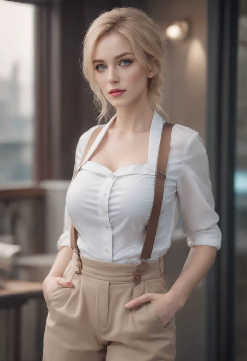 A close up of a woman in a white shirt and tan pants - SeaArt AI