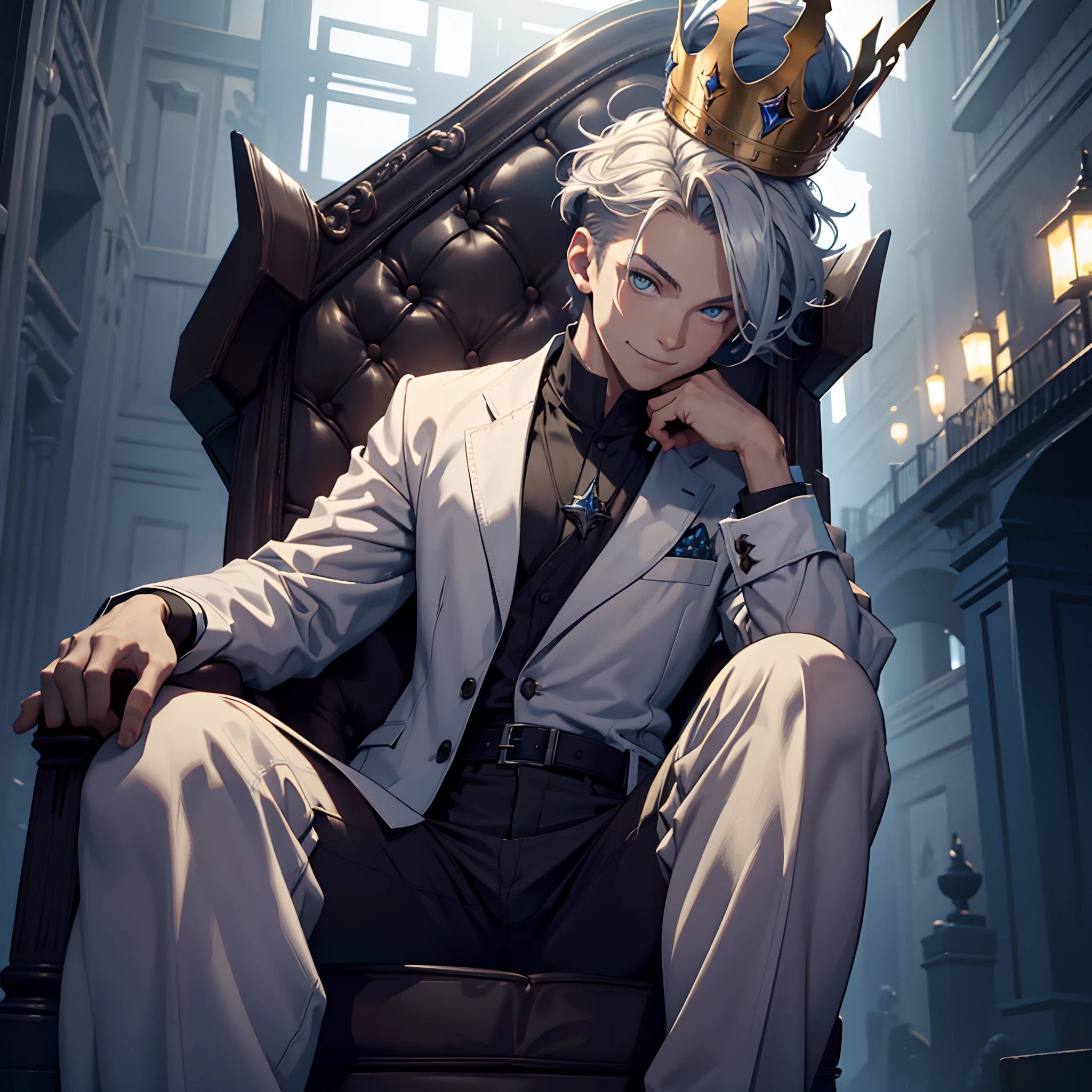 (best quality,highres),young man,short white messy hair,blue eyes,ironic smile,hold crown,sit relaxed on throne,badass,dark atmosphere,normal adventure clothes