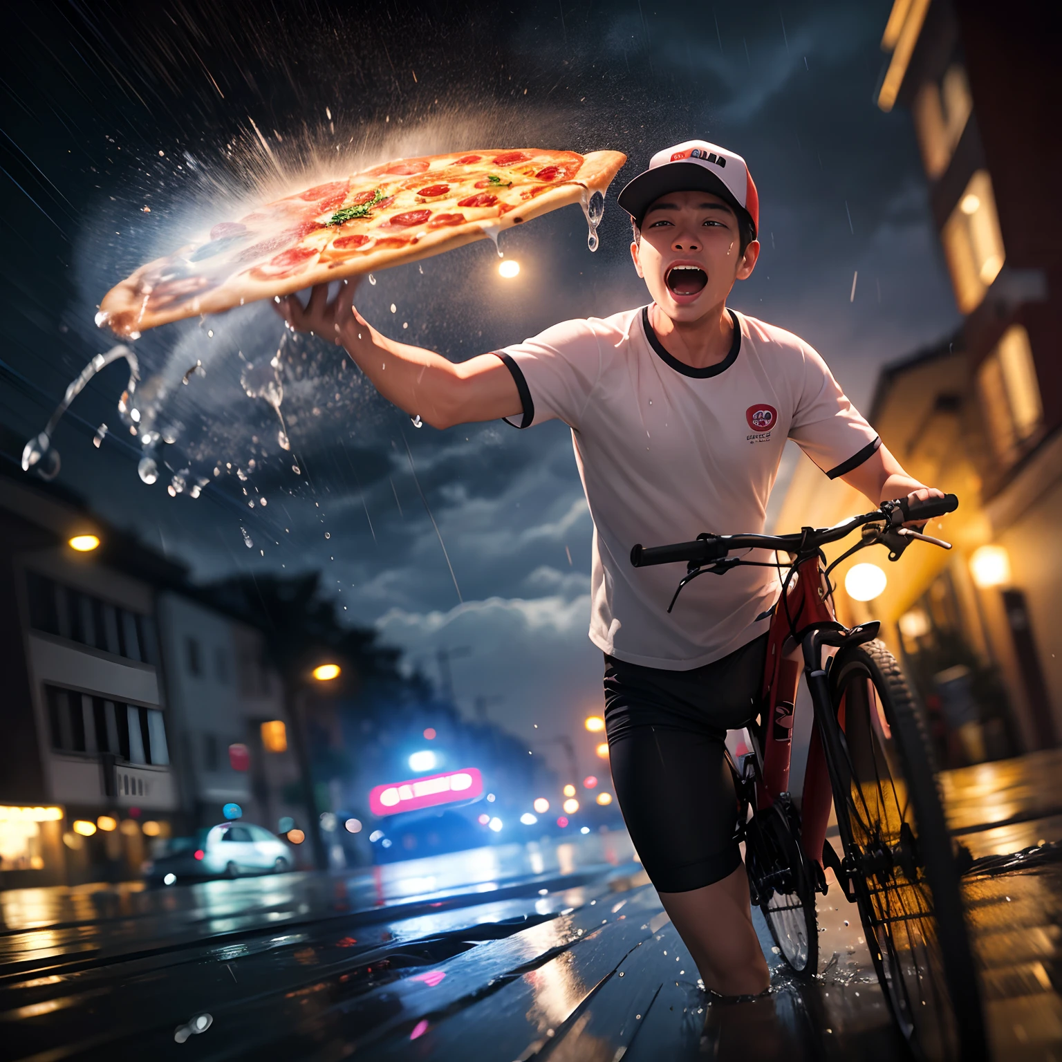 focus on pizza deliver man, head shot, running by bike, screaming, heavy rain, stormy, typhoon, midnight, from front, motion blur, waterdrop on lens, water splash, top quality