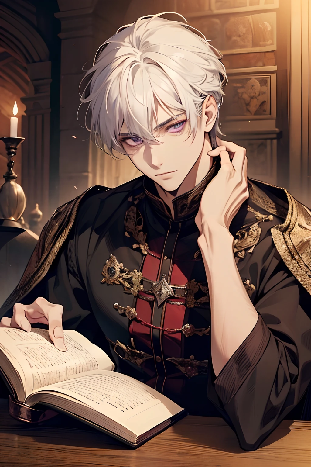 1male, calm, adult, age 35 face, handsome, short messy with bangs, white hair, amethyst colored eyes, royalty, prince, wears black clothing, in a castle, adult face, medieval times, close up, sitting at a table with a book, two hands, adult face, calm
