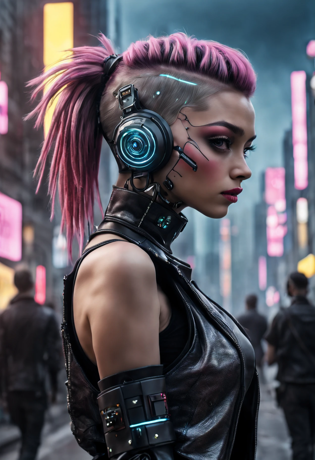 (top-quality,8K,32K,​masterpiece,UHD:1.3),ultra high res,(Photorealsitic:1.4),RAW photo, cyber punk girl,  detailed cute face,cyber punk hair,cyber punk fashion,highly detailed clothes,half body shot,
,cyber punk city background,Back light effect, lens flare, depth of fields, cyberpunk