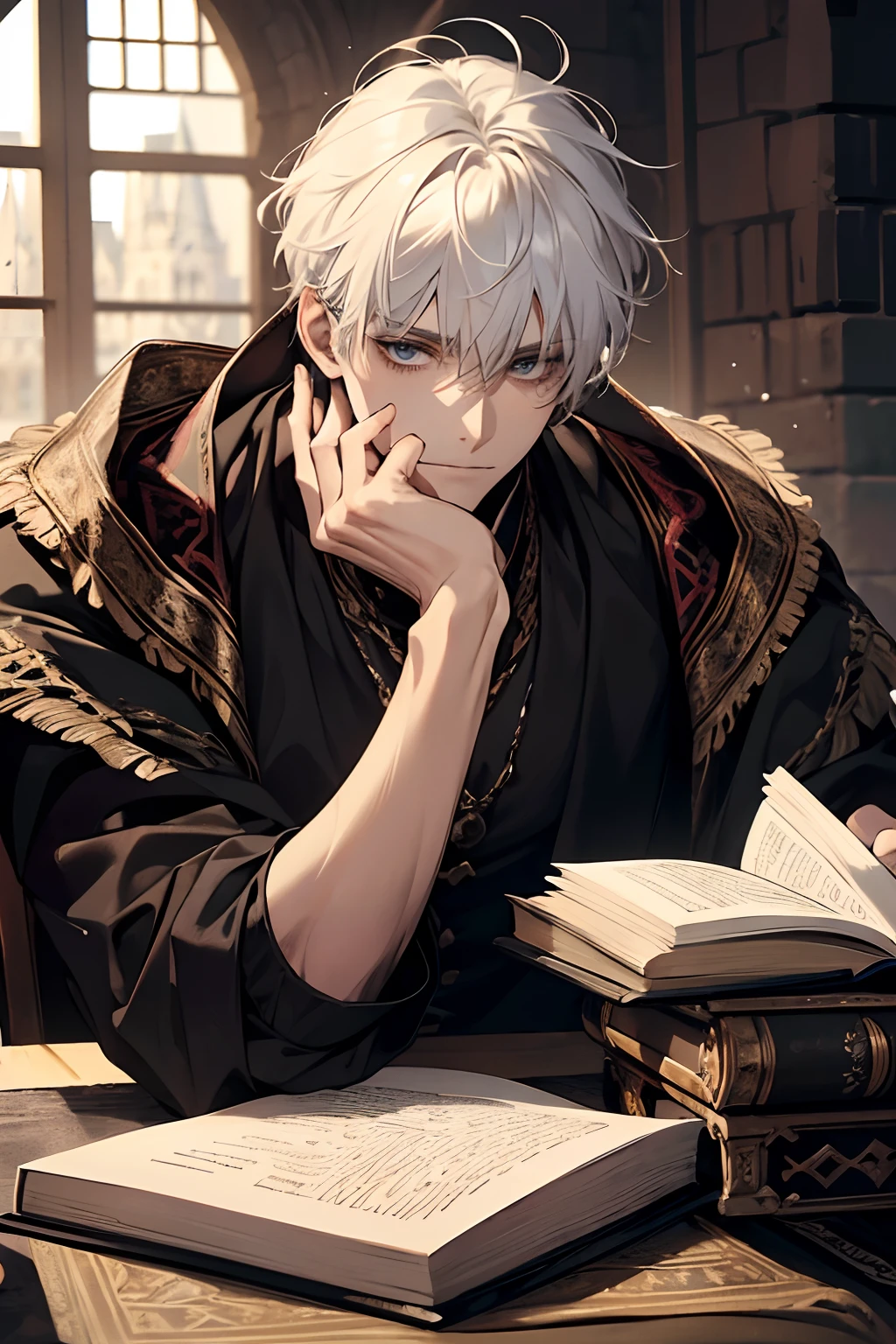 1male, calm, adult, age 35 face, short messy hair with bangs, white hair, royalty, prince, wears black clothing, in a castle, adult face, two hands, sitting at a table with a book, adult face, medieval times, close up,  calm