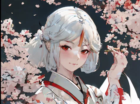 anime girl with white hair and red belt holding a cigarette, digital anime illustration, detailed digital anime art, guviz-style...