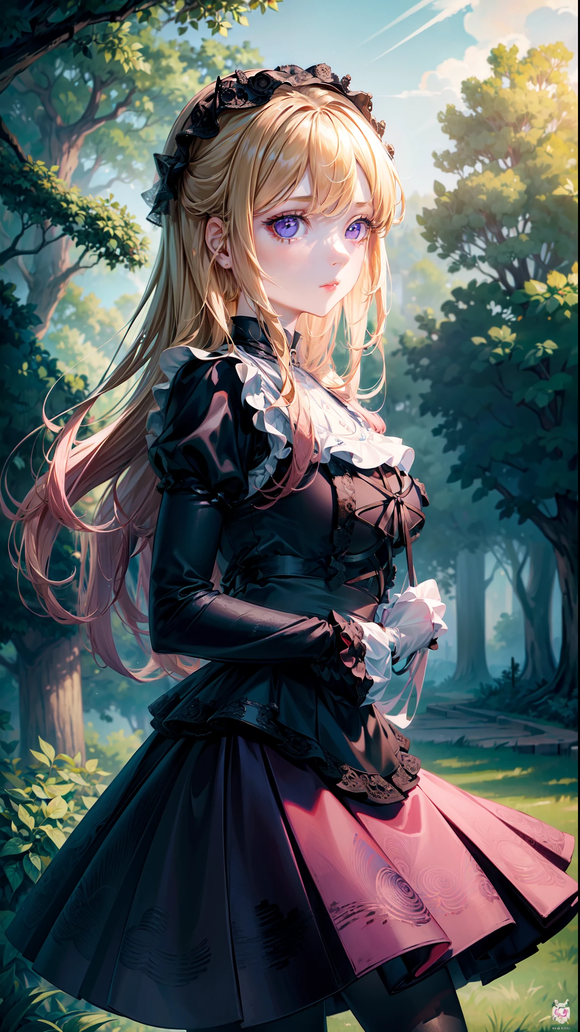 ((masterpiece, best quality)), 1girl, solo, short sleeves, (detailed eyes:1.3), pink eyes, (looking at the audience), long hair, blonde hair, sleeves, gothic, black dress, purple skirt, black gloves, outdoors, sleeves, full body, sunlight, daytime,