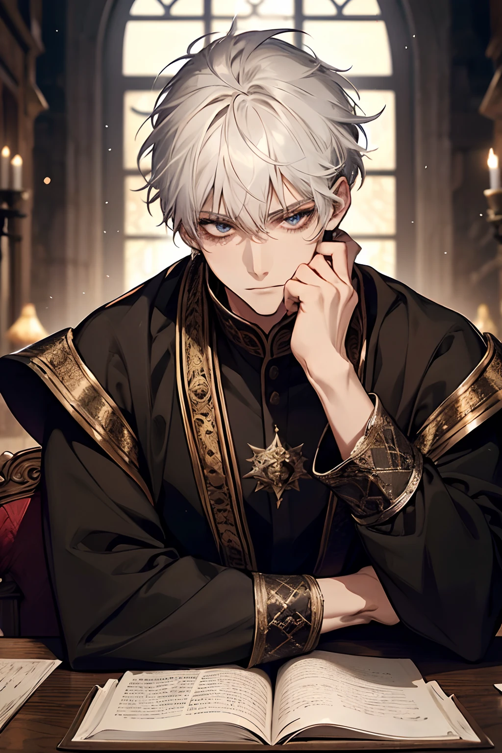 1male, calm, adult, age 35 face, short messy hair with bangs, white hair, royalty, prince, wears black clothing, in a castle, adult face, two hands, sitting at a table with a book, medieval times, close up,  calm