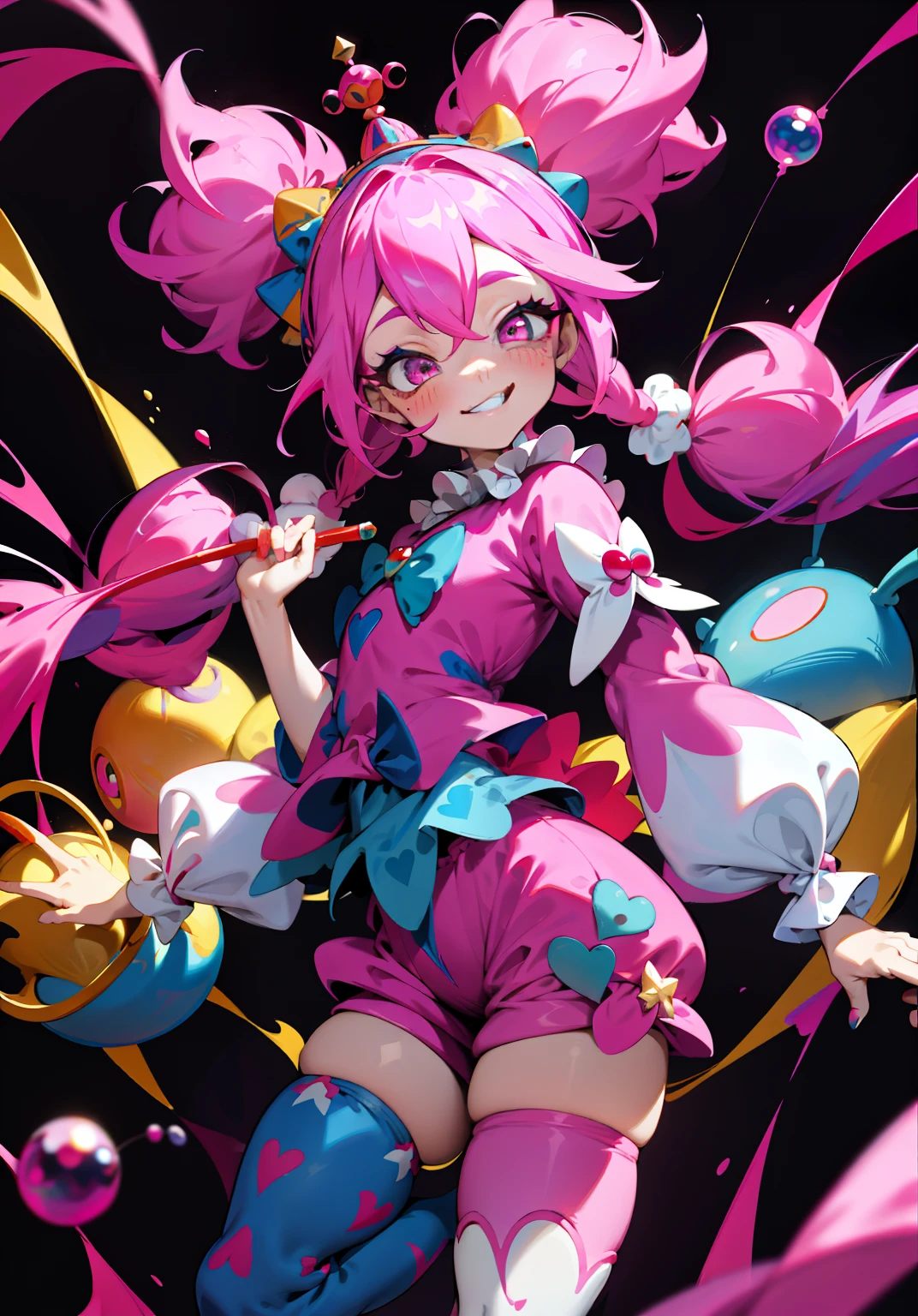 1GIRL, insane girl in long pink hair, crown, princess bubblegum style, finely detailed, (best quality), (intricate details), cute style, loli, jester style, multicolored, ((long pink messiest hair in pigtails)), best quality, ((long sleeve shirt and shorts)), ((red and white clothes)), ((jester style clothes)), ((thigh high socks)), ((round eyes)), ((has jester makeup)), beautiful face, happy, cute face, pinup, perfect face, simple background portrait, clowh hear cards, bubble gums