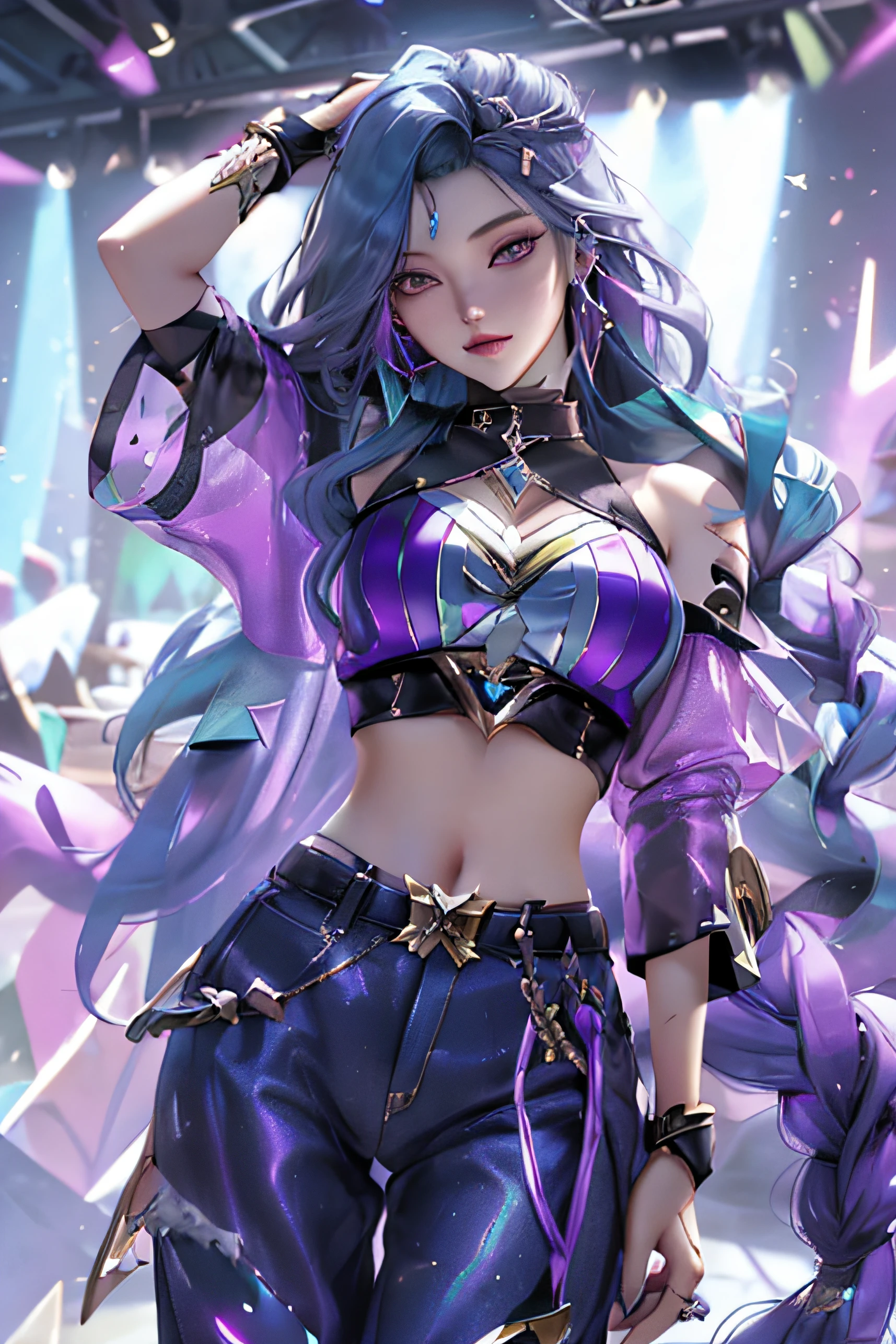 splash art, arena of valor, league of legend art, k/da kaisa, hand in the air, 4k wallpaper, best quality, 1girl, solo, long hair, blue hair, purple hair, looking at viewer,  multicolored hair, earrings, detached sleeves, midriff, pants,  k/da \(league of legends\)