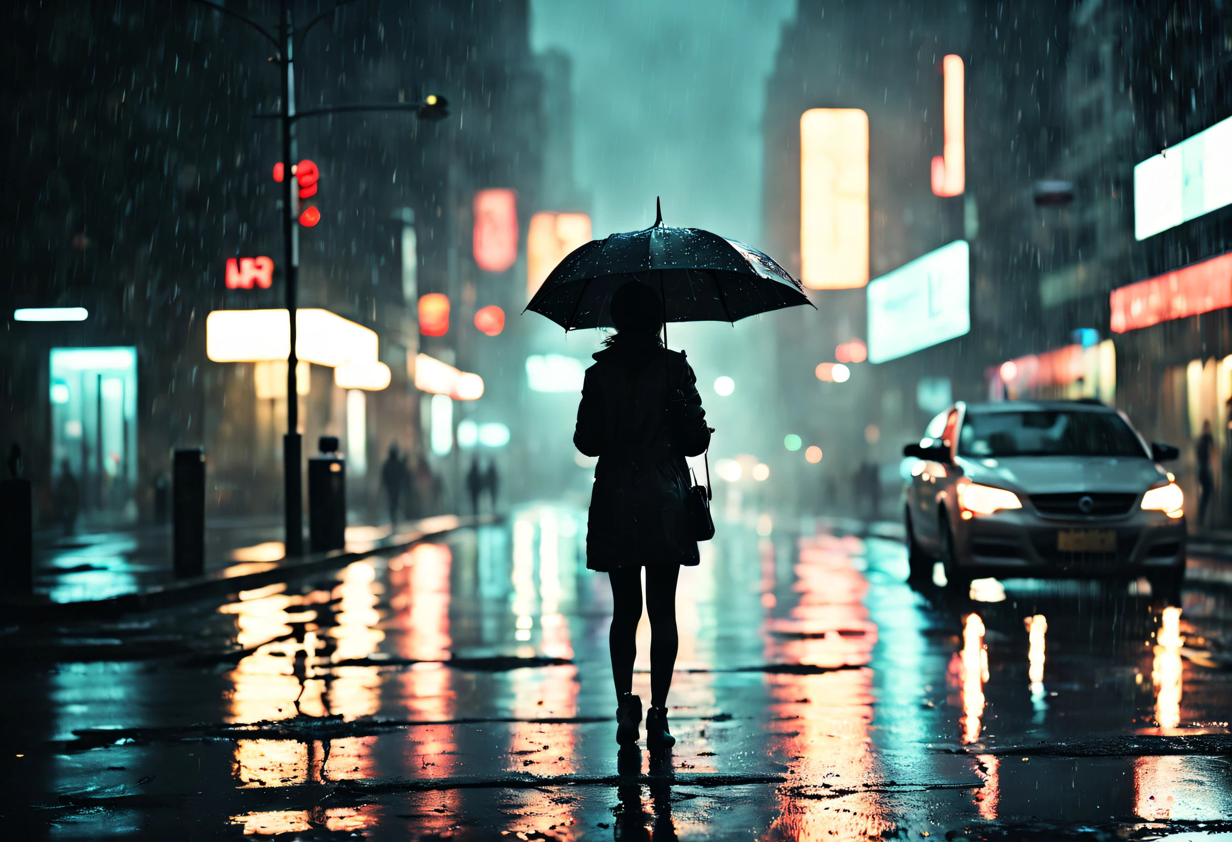 薄暗い道で滴る傘の下に立つ女の子,濡れた舗道で光る雨粒,街灯から発せられる暖かい光,水たまりのネオンサインの反射,傘を持って急いでいる人々, 雨粒が傘に当たる音, 地面に散らばった濡れた葉, 霧のかかった雰囲気, 街灯で強調された少女のシルエット, rainy 都市景観 at night, 映画的でムーディーな照明, 光と闇の劇的なコントラスト, 神秘と孤独の感覚, 濡れて光沢のあるテクスチャ, クールで彩度の低いカラーパレット, 印象派で夢のようなアートスタイル. (最高品質, 4K, 超詳細, 現実的:1.37), 雨の夜, 都市景観, 映画照明, 濡れた質感, 陰鬱な雰囲気, 印象派のアートスタイル