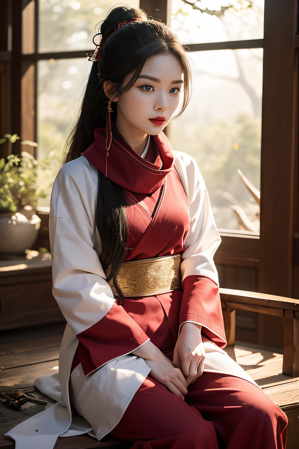 ((Very high quality picture, HD +8K)), ((Chinese style, long white hair tied in a ponytail, gorgeous brocade guard: 1.2, red scarf with the wind, young woman: 2.5, facial details: 1.5, fire: 1:1, ice: 1:1)), expression painting, delicate and beautiful woman with facial features, Stick the long sword on the ground and sit on the throne of bones that has escaped most of the shell, the sword is surrounded by human skeletons, and the black dragon flies behind, the creativity is dark.