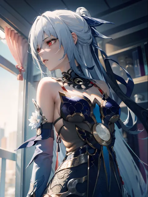 best quality, masterpiece, 1girl, red eyes, tied up light blue hair