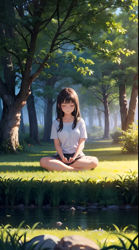 A meditative,Girl in a serene landscape,eye closed, peaceful environment, Calm atmosphere,Tranquility,Silence,soft sunlight,gent...
