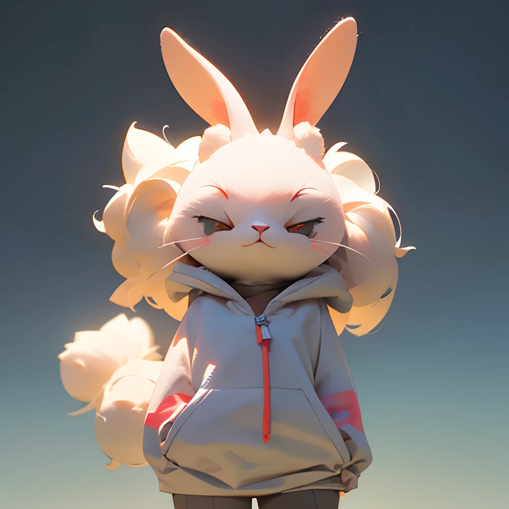 Cute rabbit with fluffy fur in one hoodie, The background is modern and inorganic, Adorable Digital Painting, 3d rendered, Bright lighting, Vibrant colors,