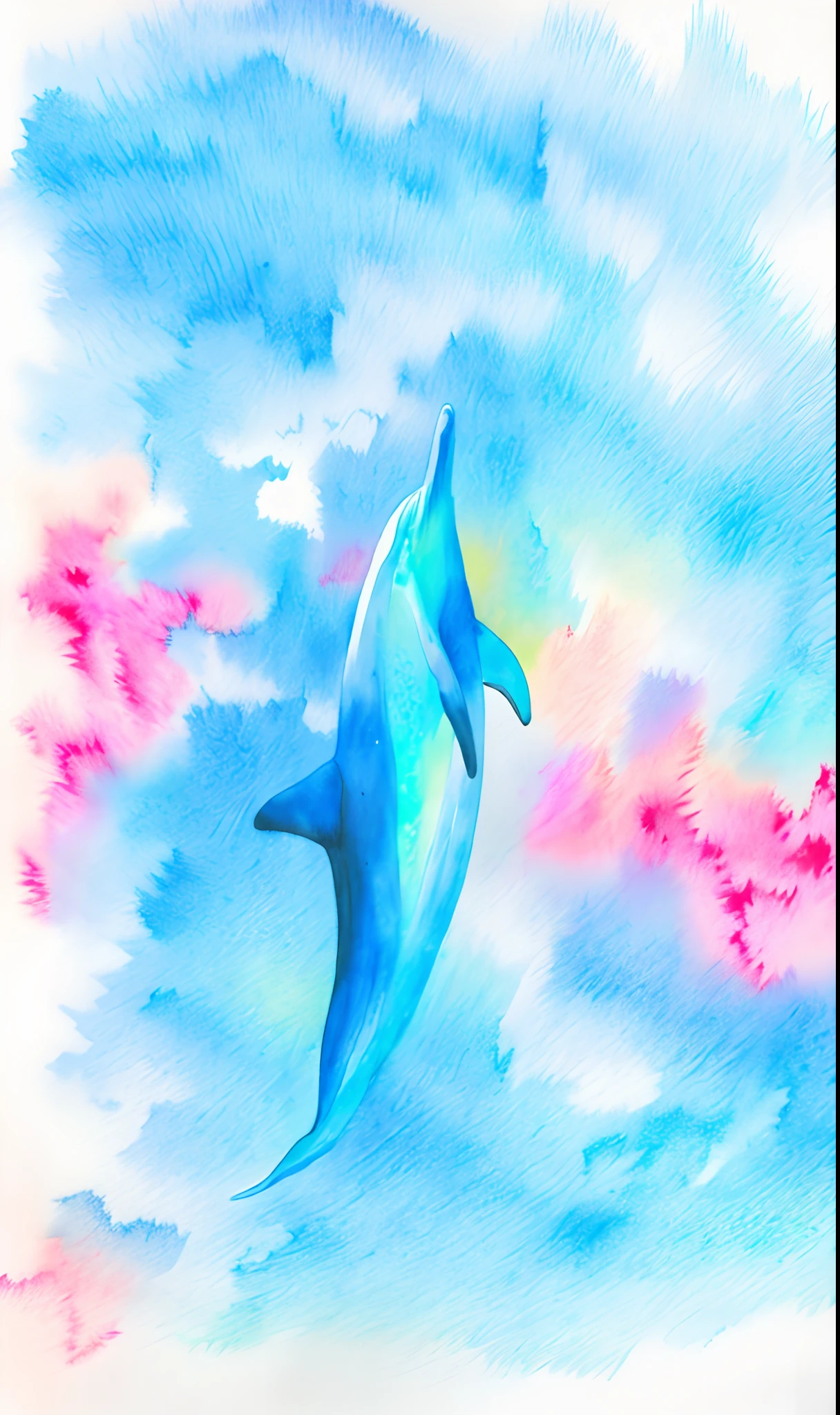 Painting of dolphins swimming in colorful ocean, Look up at the  composition, A girl with a dolphin in her arms is in the middle，Dolphins  are about the size of a girl，Dolphins and