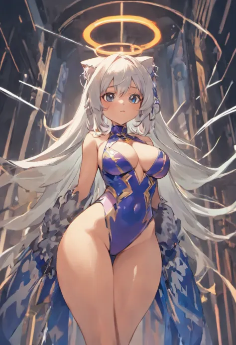 1 girl, long white silver hair. Has cat ears, and a matching tail color with hair, dark skinned, light steam surrounded her body. Big boobs, curvy chubby body,  in a blue latex suit, curvy body, latex suit shows cameltoe. Light in the behind here and to th...