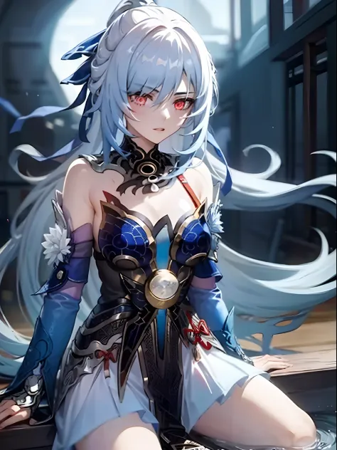 best quality, masterpiece, 1girl, red eyes, tied up light blue hair