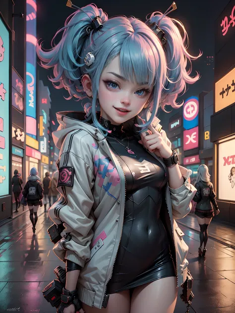 Anime masterpiece, best quality, (((2 laughing teenaged cyberpunk girls ((wearing detailed Harajuku tech jackets)) standing toge...