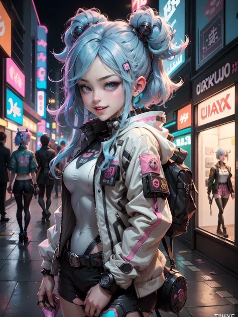 Anime masterpiece, best quality, (((2 laughing teenaged cyberpunk girls ((wearing detailed Harajuku tech jackets)) standing toge...